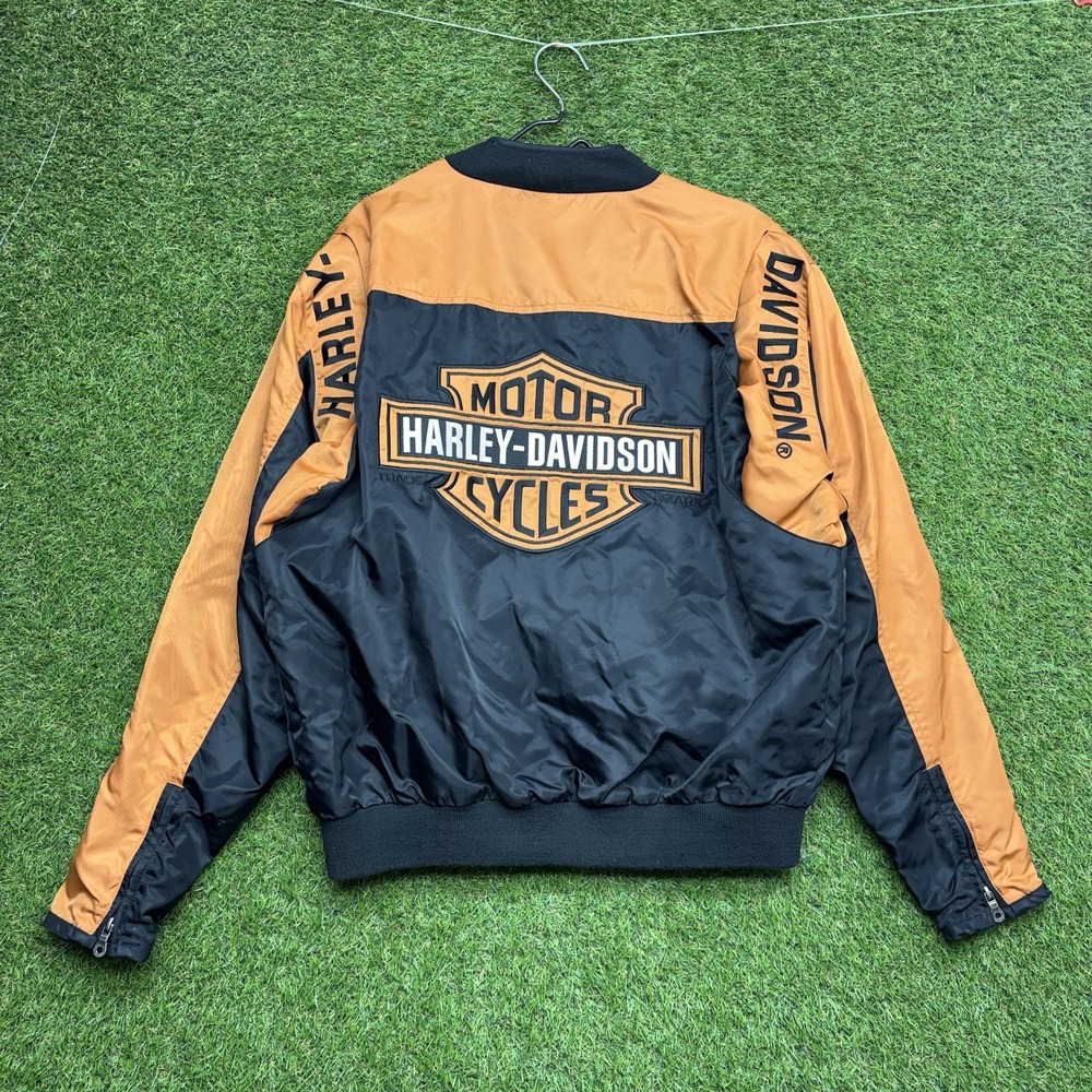 Harley Davidson Nylon Jacket Mens Medium Orange Full Zip Riding Biker Spellout